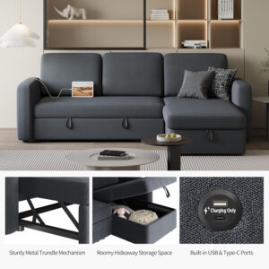 Yaheetech Sectional Sofa L-Shaped Sofa Couch Bed w/Chaise & USB, Reversible Couch Sleeper w/Pull Out Bed & Storage Space Living Room Dark Gray