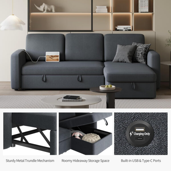Yaheetech Sectional Sofa L-Shaped Sofa Couch Bed w/Chaise & USB, Reversible Couch Sleeper w/Pull Out Bed & Storage Space Living Room Dark Gray