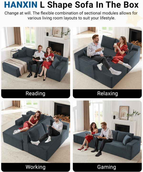 105 Inch Cloud Sectional Couch,Modern Modular Sectional Sofa with Deep Seat,Corduroy Boneless Couches with L-Shape Chaise for Living Room Bedroom,No Assembly Required (Black, Left Facing Chaise)