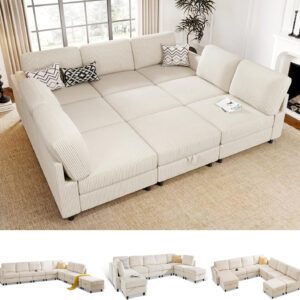 KKL Modular Sectional Sofa Bed with Storage Ottoman, Convertible L/U-Shaped Sleeper Couch for Living Room, Modern Reversible Design, Beige