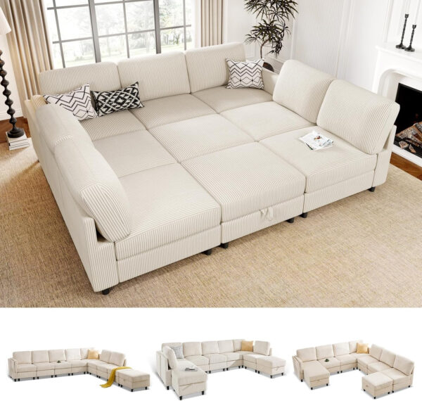 KKL Modular Sectional Sofa Bed with Storage Ottoman, Convertible L/U-Shaped Sleeper Couch for Living Room, Modern Reversible Design, Beige