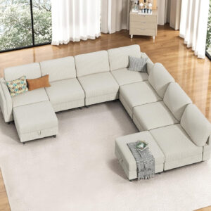 KKL Modular Sectional Sofa Bed with Storage Ottoman, Convertible L/U-Shaped Sleeper Couch for Living Room, Modern Reversible Design, Beige