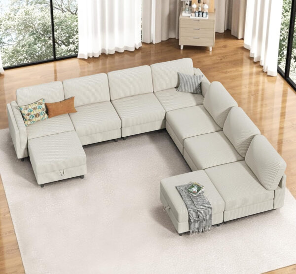 KKL Modular Sectional Sofa Bed with Storage Ottoman, Convertible L/U-Shaped Sleeper Couch for Living Room, Modern Reversible Design, Beige