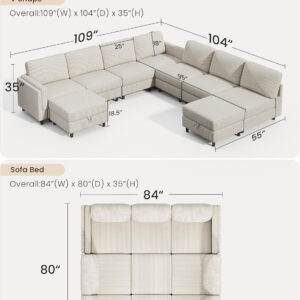 KKL Modular Sectional Sofa Bed with Storage Ottoman, Convertible L/U-Shaped Sleeper Couch for Living Room, Modern Reversible Design, Beige