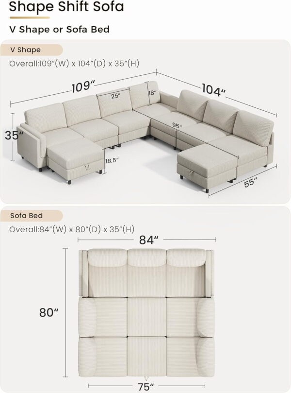 KKL Modular Sectional Sofa Bed with Storage Ottoman, Convertible L/U-Shaped Sleeper Couch for Living Room, Modern Reversible Design, Beige