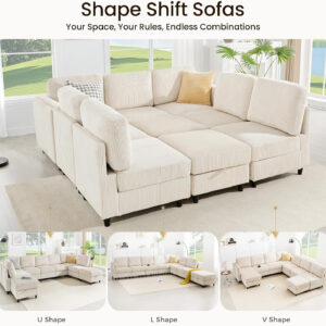 KKL Modular Sectional Sofa Bed with Storage Ottoman, Convertible L/U-Shaped Sleeper Couch for Living Room, Modern Reversible Design, Beige