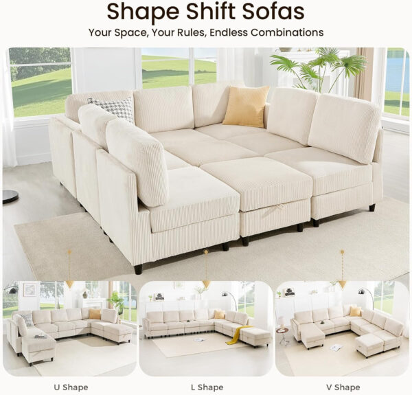 KKL Modular Sectional Sofa Bed with Storage Ottoman, Convertible L/U-Shaped Sleeper Couch for Living Room, Modern Reversible Design, Beige