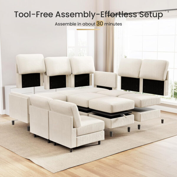 KKL Modular Sectional Sofa Bed with Storage Ottoman, Convertible L/U-Shaped Sleeper Couch for Living Room, Modern Reversible Design, Beige