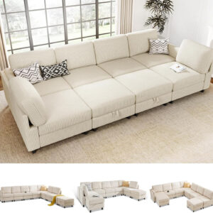KKL Modular Sectional Sofa Bed with Storage Ottoman, Convertible L/U-Shaped Sleeper Couch for Living Room, Modern Reversible Design, Beige