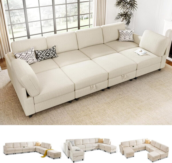 KKL Modular Sectional Sofa Bed with Storage Ottoman, Convertible L/U-Shaped Sleeper Couch for Living Room, Modern Reversible Design, Beige