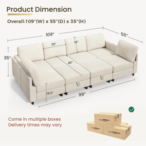 KKL Modular Sectional Sofa Bed with Storage Ottoman, Convertible L/U-Shaped Sleeper Couch for Living Room, Modern Reversible Design, Beige