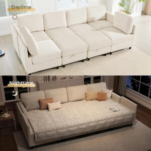 KKL Modular Sectional Sofa Bed with Storage Ottoman, Convertible L/U-Shaped Sleeper Couch for Living Room, Modern Reversible Design, Beige