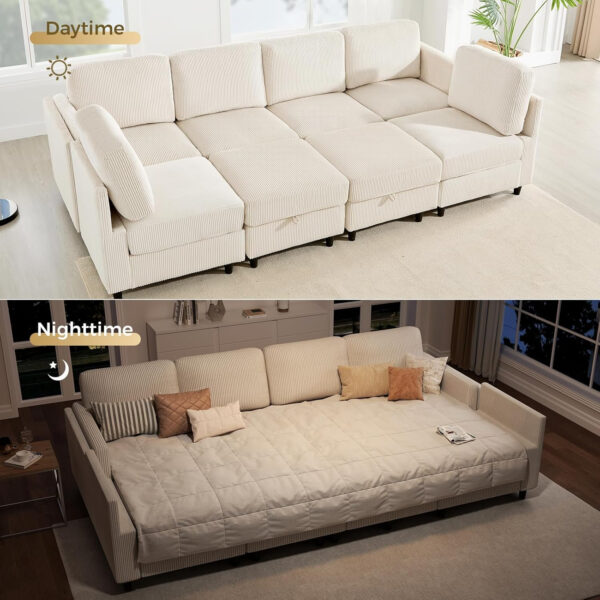 KKL Modular Sectional Sofa Bed with Storage Ottoman, Convertible L/U-Shaped Sleeper Couch for Living Room, Modern Reversible Design, Beige