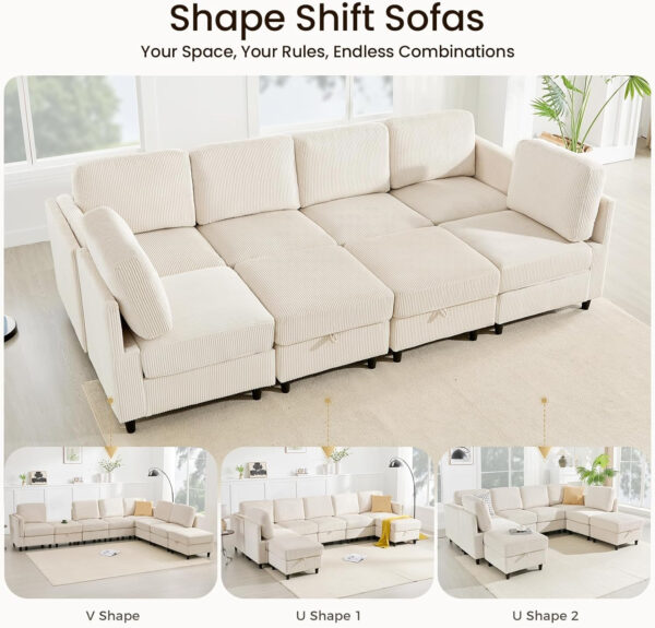 KKL Modular Sectional Sofa Bed with Storage Ottoman, Convertible L/U-Shaped Sleeper Couch for Living Room, Modern Reversible Design, Beige