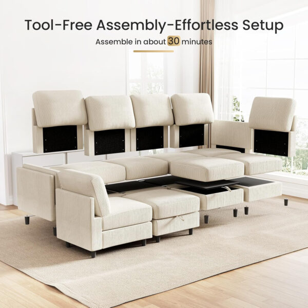 KKL Modular Sectional Sofa Bed with Storage Ottoman, Convertible L/U-Shaped Sleeper Couch for Living Room, Modern Reversible Design, Beige