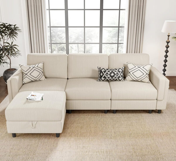 KKL Modular Sectional Sofa Bed with Storage Ottoman, Convertible L/U-Shaped Sleeper Couch for Living Room, Modern Reversible Design, Beige