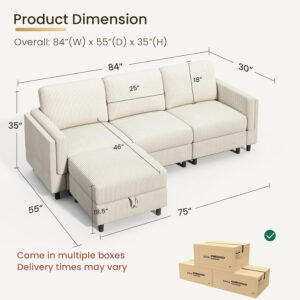 KKL Modular Sectional Sofa Bed with Storage Ottoman, Convertible L/U-Shaped Sleeper Couch for Living Room, Modern Reversible Design, Beige