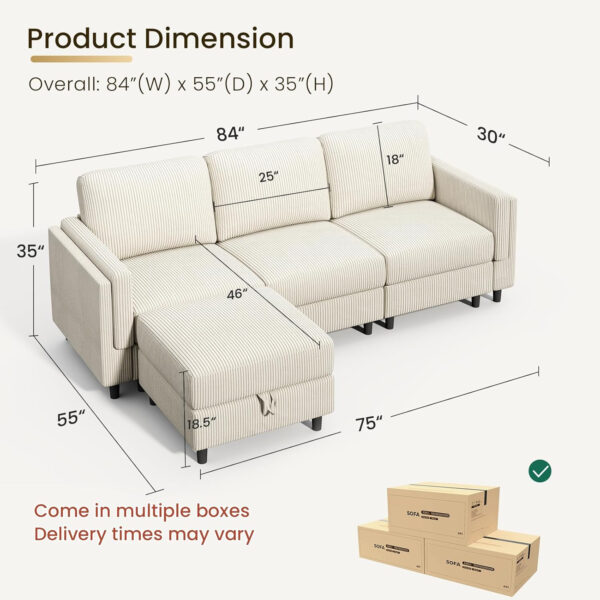KKL Modular Sectional Sofa Bed with Storage Ottoman, Convertible L/U-Shaped Sleeper Couch for Living Room, Modern Reversible Design, Beige