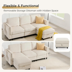 KKL Modular Sectional Sofa Bed with Storage Ottoman, Convertible L/U-Shaped Sleeper Couch for Living Room, Modern Reversible Design, Beige