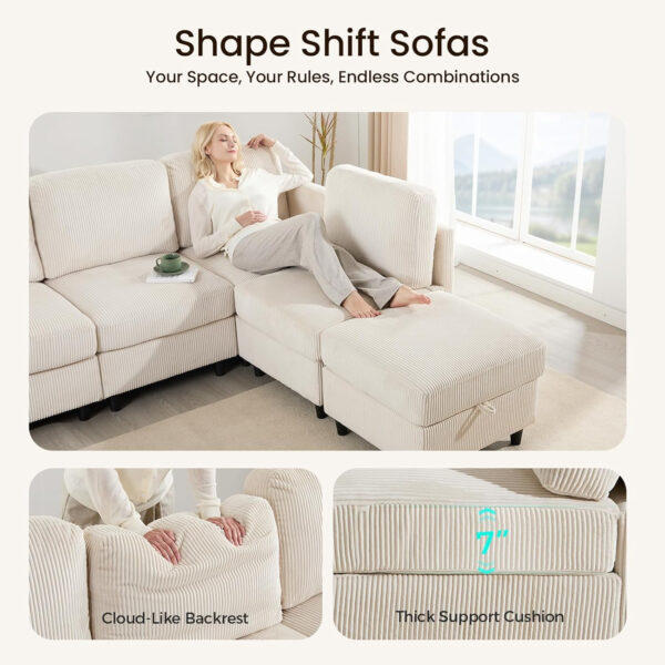 KKL Modular Sectional Sofa Bed with Storage Ottoman, Convertible L/U-Shaped Sleeper Couch for Living Room, Modern Reversible Design, Beige