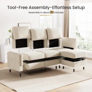 KKL Modular Sectional Sofa Bed with Storage Ottoman, Convertible L/U-Shaped Sleeper Couch for Living Room, Modern Reversible Design, Beige