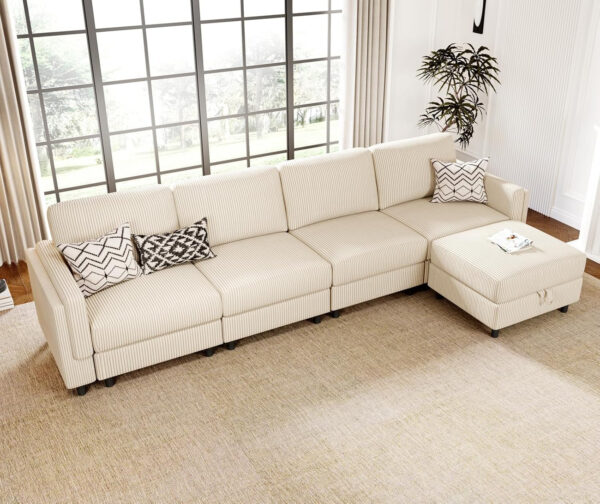 KKL Modular Sectional Sofa Bed with Storage Ottoman, Convertible L/U-Shaped Sleeper Couch for Living Room, Modern Reversible Design, Beige