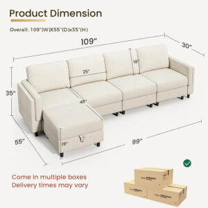 KKL Modular Sectional Sofa Bed with Storage Ottoman, Convertible L/U-Shaped Sleeper Couch for Living Room, Modern Reversible Design, Beige