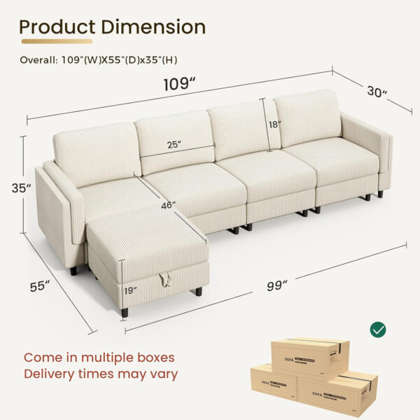 KKL Modular Sectional Sofa Bed with Storage Ottoman, Convertible L/U-Shaped Sleeper Couch for Living Room, Modern Reversible Design, Beige