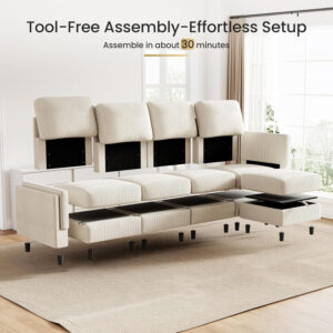 KKL Modular Sectional Sofa Bed with Storage Ottoman, Convertible L/U-Shaped Sleeper Couch for Living Room, Modern Reversible Design, Beige