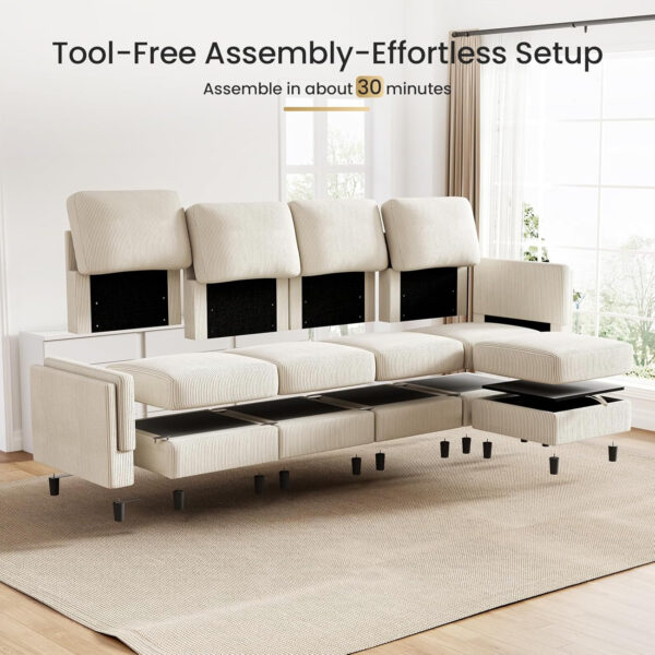 KKL Modular Sectional Sofa Bed with Storage Ottoman, Convertible L/U-Shaped Sleeper Couch for Living Room, Modern Reversible Design, Beige