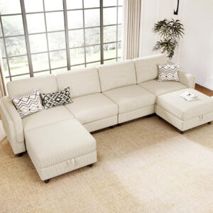 KKL Modular Sectional Sofa Bed with Storage Ottoman, Convertible L/U-Shaped Sleeper Couch for Living Room, Modern Reversible Design, Beige