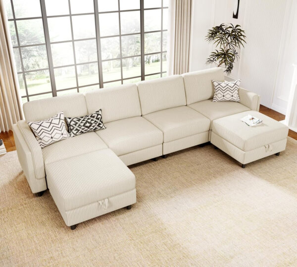 KKL Modular Sectional Sofa Bed with Storage Ottoman, Convertible L/U-Shaped Sleeper Couch for Living Room, Modern Reversible Design, Beige