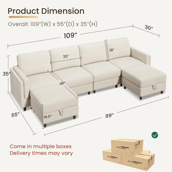 KKL Modular Sectional Sofa Bed with Storage Ottoman, Convertible L/U-Shaped Sleeper Couch for Living Room, Modern Reversible Design, Beige