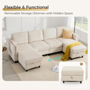 KKL Modular Sectional Sofa Bed with Storage Ottoman, Convertible L/U-Shaped Sleeper Couch for Living Room, Modern Reversible Design, Beige