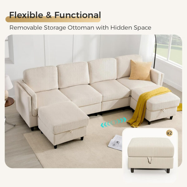 KKL Modular Sectional Sofa Bed with Storage Ottoman, Convertible L/U-Shaped Sleeper Couch for Living Room, Modern Reversible Design, Beige