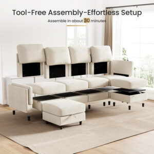 KKL Modular Sectional Sofa Bed with Storage Ottoman, Convertible L/U-Shaped Sleeper Couch for Living Room, Modern Reversible Design, Beige