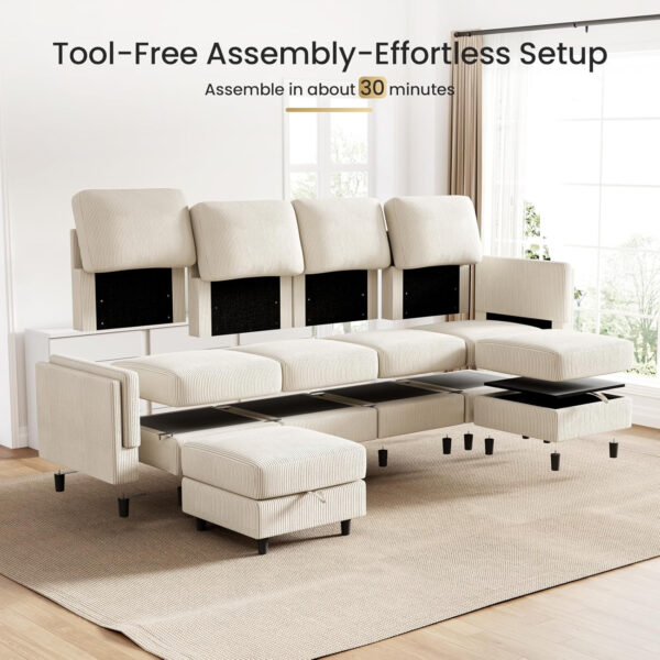 KKL Modular Sectional Sofa Bed with Storage Ottoman, Convertible L/U-Shaped Sleeper Couch for Living Room, Modern Reversible Design, Beige
