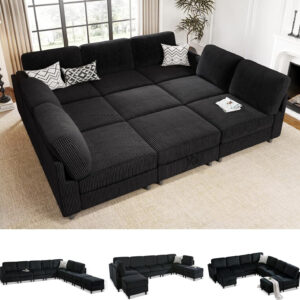 KKL Modular Sectional Sofa Bed with Storage Ottoman, Convertible L/U-Shaped Sleeper Couch for Living Room, Modern Reversible Design, Beige