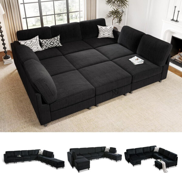 KKL Modular Sectional Sofa Bed with Storage Ottoman, Convertible L/U-Shaped Sleeper Couch for Living Room, Modern Reversible Design, Beige