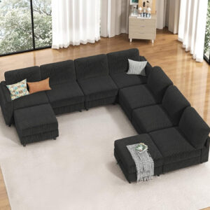 KKL Modular Sectional Sofa Bed with Storage Ottoman, Convertible L/U-Shaped Sleeper Couch for Living Room, Modern Reversible Design, Beige