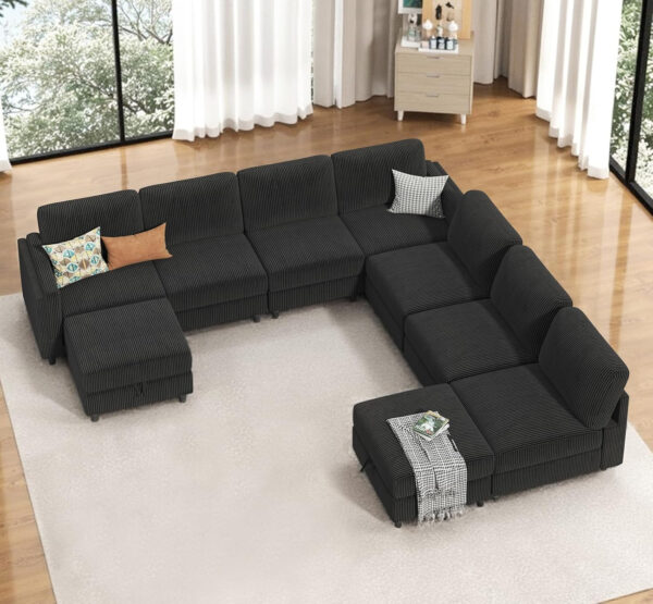 KKL Modular Sectional Sofa Bed with Storage Ottoman, Convertible L/U-Shaped Sleeper Couch for Living Room, Modern Reversible Design, Beige