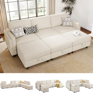 KKL Modular Sectional Sofa Bed with Storage Ottoman, Convertible L/U-Shaped Sleeper Couch for Living Room, Modern Reversible Design, Beige