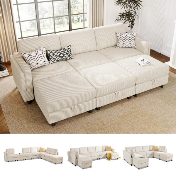 KKL Modular Sectional Sofa Bed with Storage Ottoman, Convertible L/U-Shaped Sleeper Couch for Living Room, Modern Reversible Design, Beige
