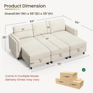 KKL Modular Sectional Sofa Bed with Storage Ottoman, Convertible L/U-Shaped Sleeper Couch for Living Room, Modern Reversible Design, Beige