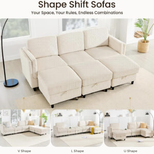 KKL Modular Sectional Sofa Bed with Storage Ottoman, Convertible L/U-Shaped Sleeper Couch for Living Room, Modern Reversible Design, Beige