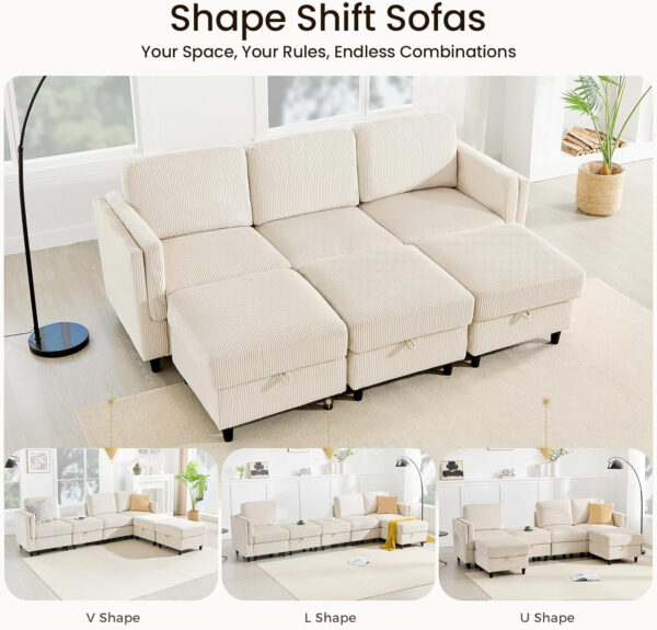 KKL Modular Sectional Sofa Bed with Storage Ottoman, Convertible L/U-Shaped Sleeper Couch for Living Room, Modern Reversible Design, Beige