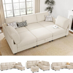 KKL Modular Sectional Sofa Bed with Storage Ottoman, Convertible L/U-Shaped Sleeper Couch for Living Room, Modern Reversible Design, Beige