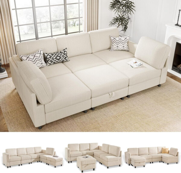 KKL Modular Sectional Sofa Bed with Storage Ottoman, Convertible L/U-Shaped Sleeper Couch for Living Room, Modern Reversible Design, Beige
