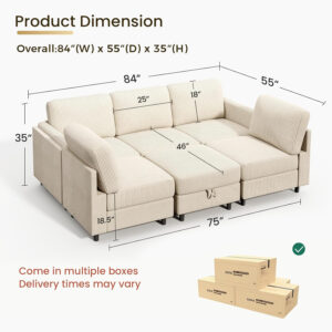 KKL Modular Sectional Sofa Bed with Storage Ottoman, Convertible L/U-Shaped Sleeper Couch for Living Room, Modern Reversible Design, Beige