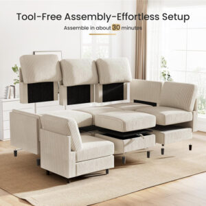 KKL Modular Sectional Sofa Bed with Storage Ottoman, Convertible L/U-Shaped Sleeper Couch for Living Room, Modern Reversible Design, Beige